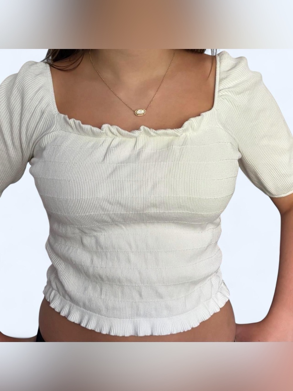 Altar'd State Cream Ribbed Square-Neck Puff Sleeve Crop Top SzS Coquette Cottage - Picture 1 of 7